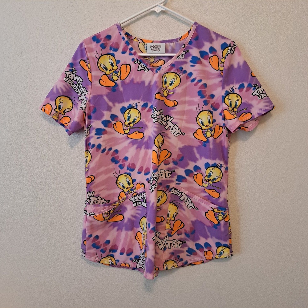 Looney Tunes Tweety Bird Scrub Top Tie Dye Purple Pink V-Neck Small
